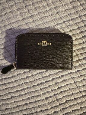 Coach Black Saffiano Zip Card Case with Gold Logo